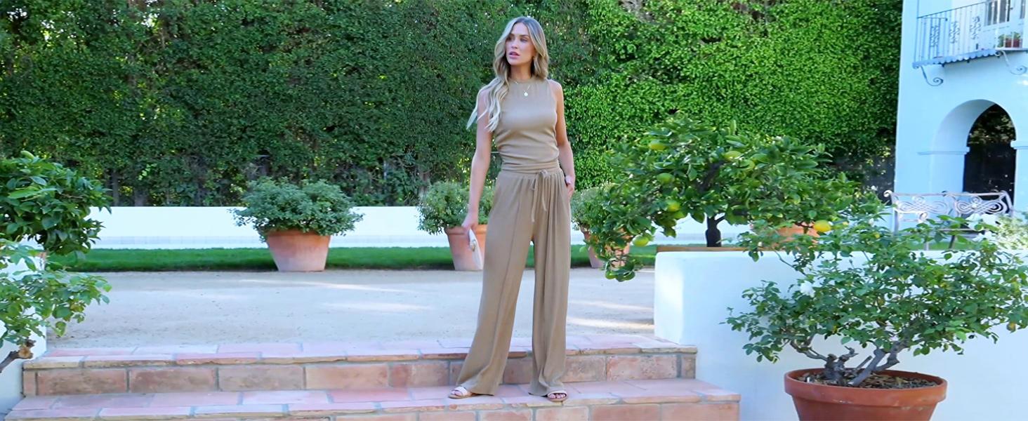 Summer Outfits For Women 2026 Cropped Sleeveless Tank Tops Wide Leg Pants 2 Piece Sets Beach Lounge Set Clothing