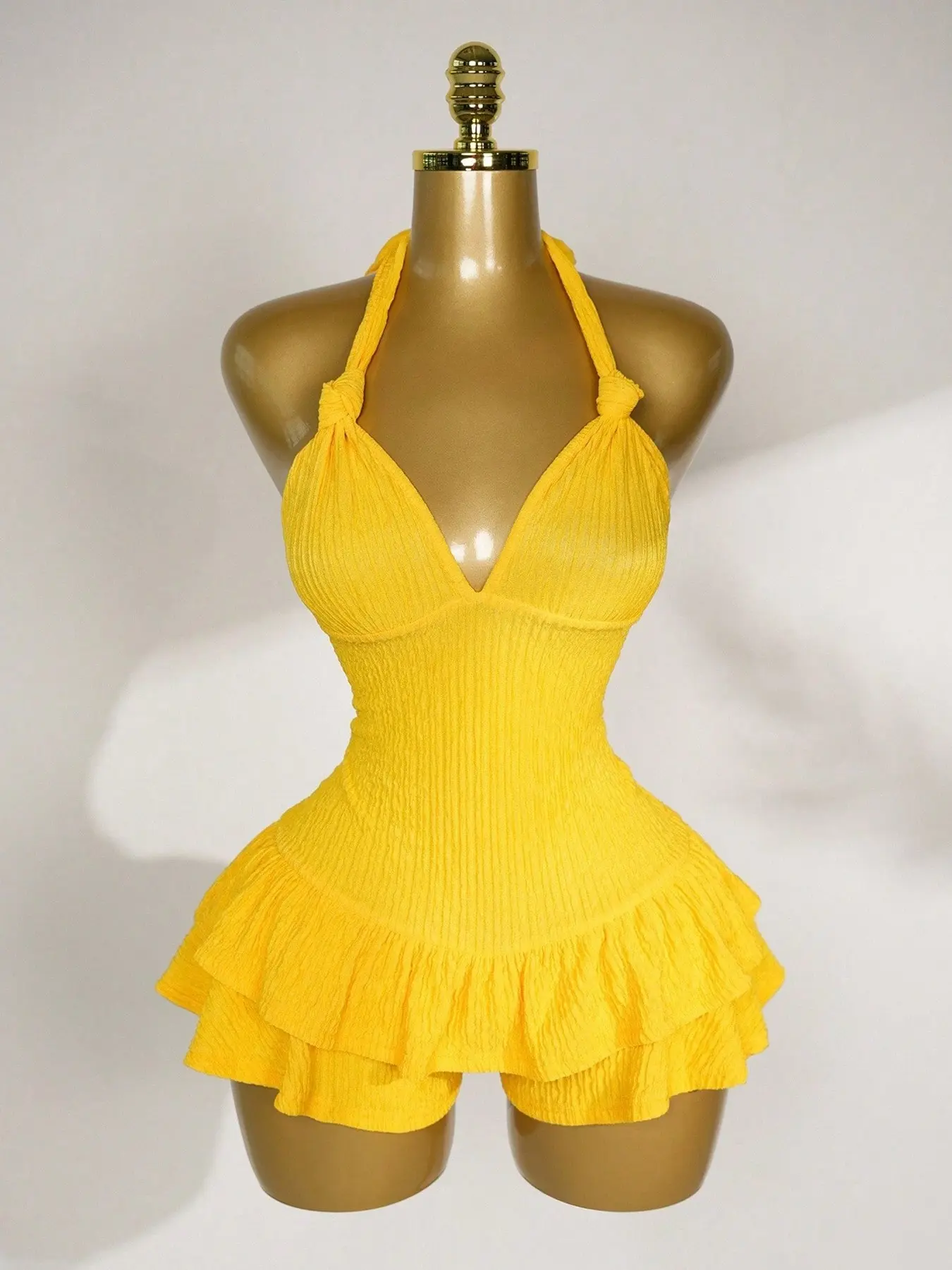 This Crinkle Halter Ruffled Romper Jumpsuit is Effortless Summer Party Glam Chic Ruffle Hem Bodycon One-Piece Outfit