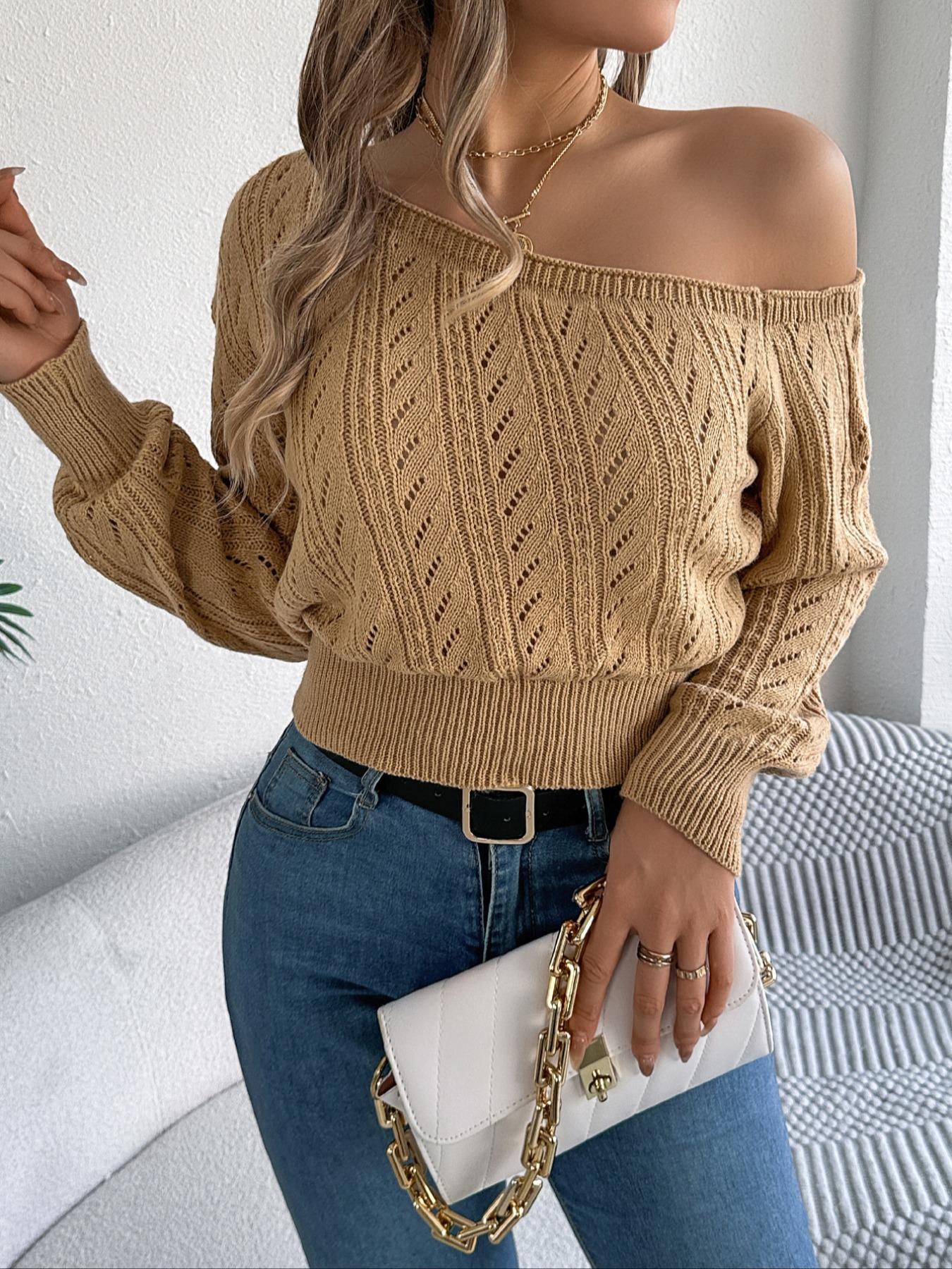 Women's Plain Textured Hollow-Out Asymmetrical Neck Sweater, Elegant Raglan Sleeve Jumper for Fall & Winter, Fashion Ladies' Knitwear for Daily Wear
