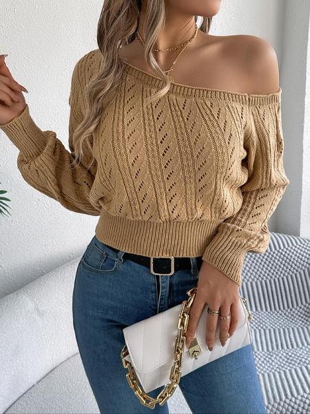 Women's Plain Textured Hollow-Out Asymmetrical Neck Sweater, Elegant Raglan Sleeve Jumper for Fall & Winter, Fashion Ladies' Knitwear for Daily Wear