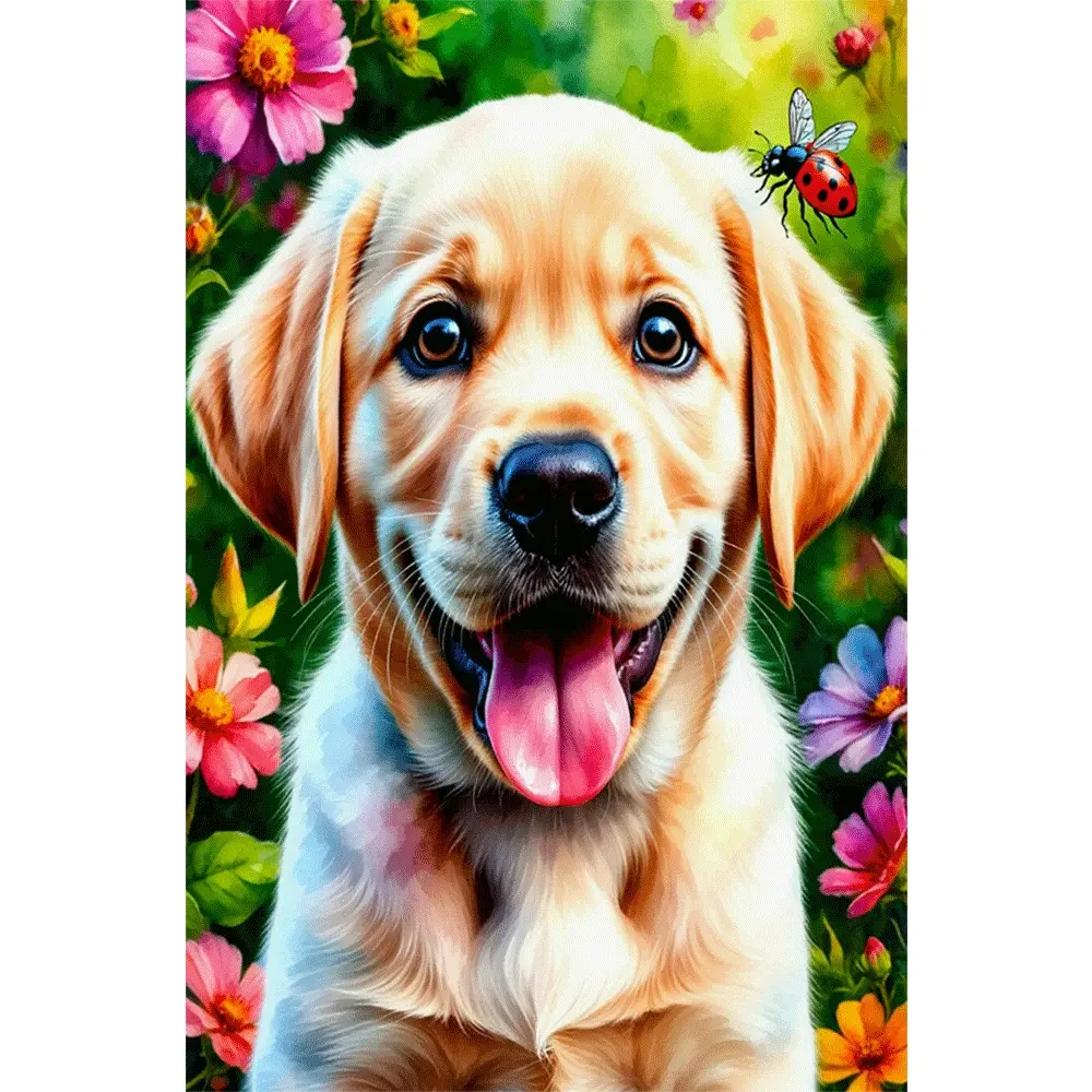 1PC,2D Cute Golden Retriever Puppy with Ladybug Diamond Painting Kit for Adults Kids DIY Rhinestone Embroidery Arts Craft Home Wall Decor Gift Idea Colorful Flowers Animal Pattern Crystal Cross Stitch Handmade Hobby