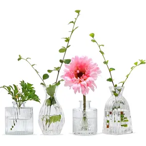 Glass Bud Vases Set of 4,Small Flower Vases for Wedding Centerpiece Table Decorations,Clear Vintage Embossed Mini Vases,Flower Arrangements in Vases for Party or Home Decor