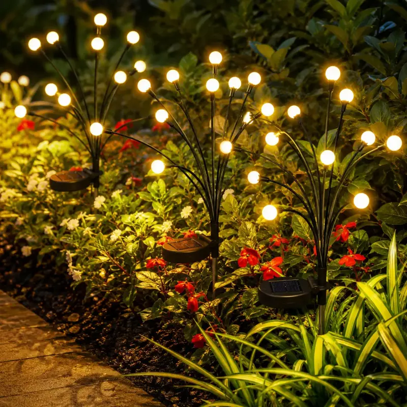 Outdoor Solar Firefly Lights, Solar Decorative Lights, 4 Waterproof Garden Post Lamps, Auto Sunset to Dawn, 32 LED Bulbs, Ideal for Yard, Patio, Pathway, Landscape Decor