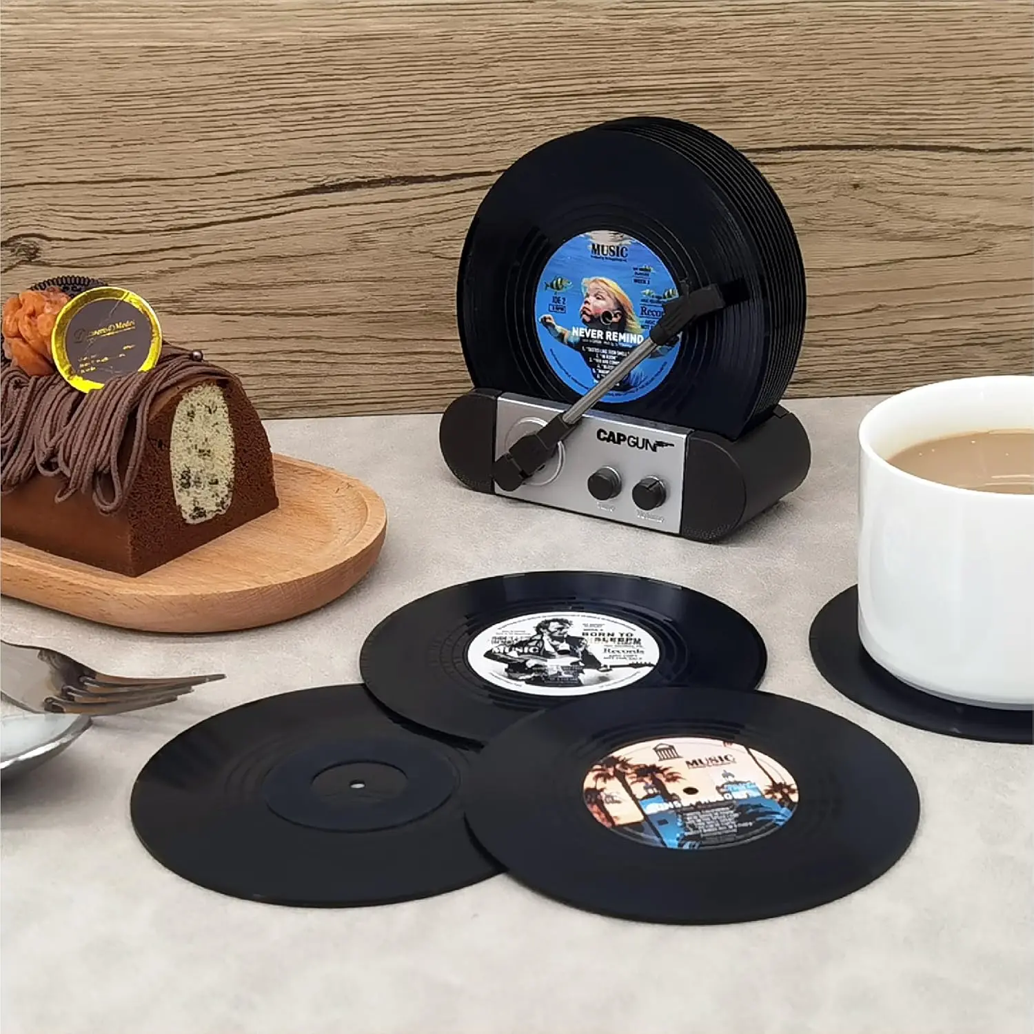 Vinyl Record Coasters Set of 12 with Record Player Holder, Drink Coasters for Music Lovers, Housewarming Gift