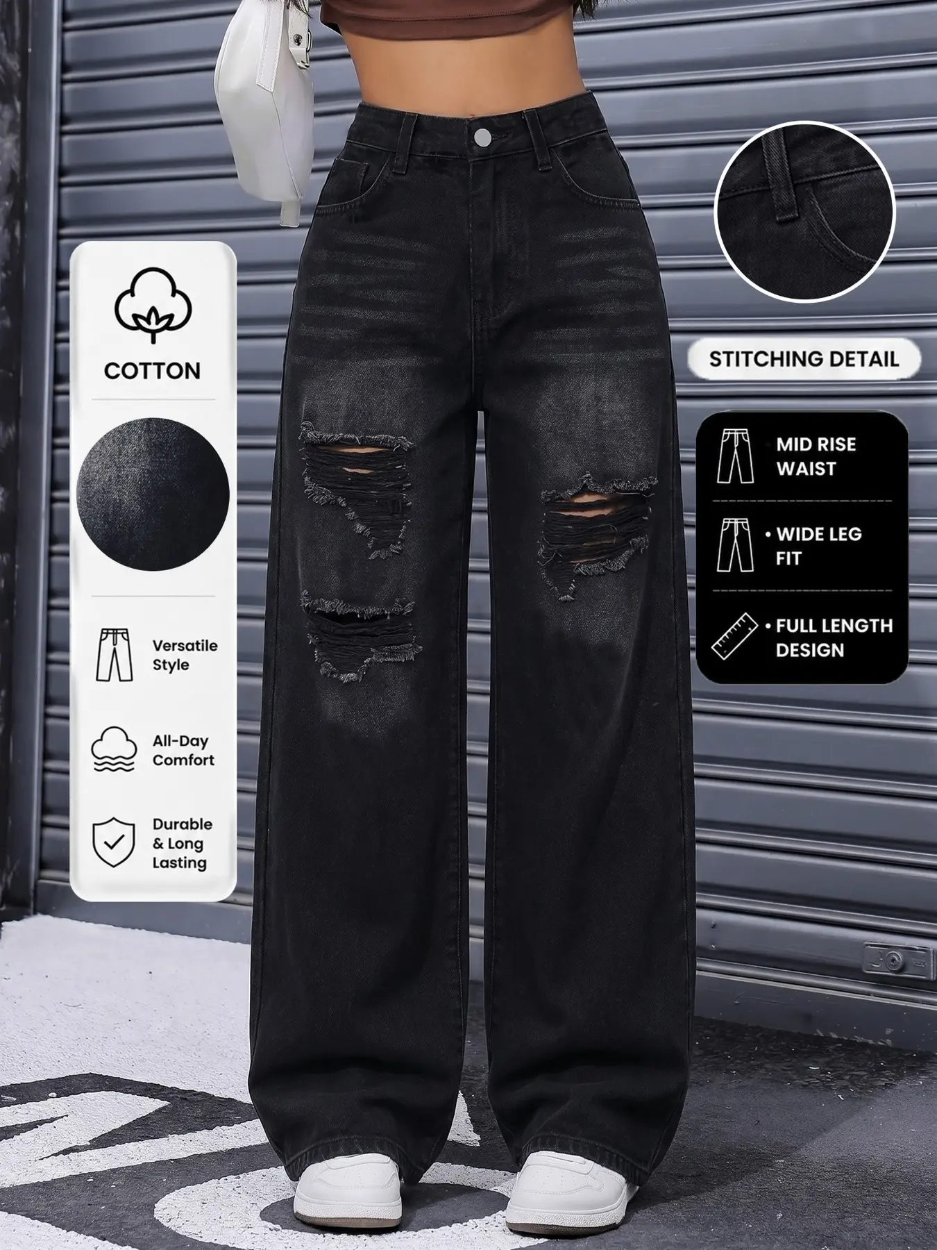 Women's Mid-Waist Straight Leg Loose Fit Jeans, Streetwear Fashion Ripped Denim Jeans, All-Season Daily Wear, Casual, Denim Clothing, Bottoms