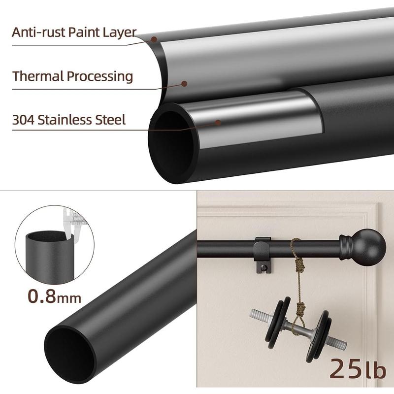 Black Curtain Rods for Window 28 to 48, 5/8 inch Small Decorative Curtain Rod Set with Brackets