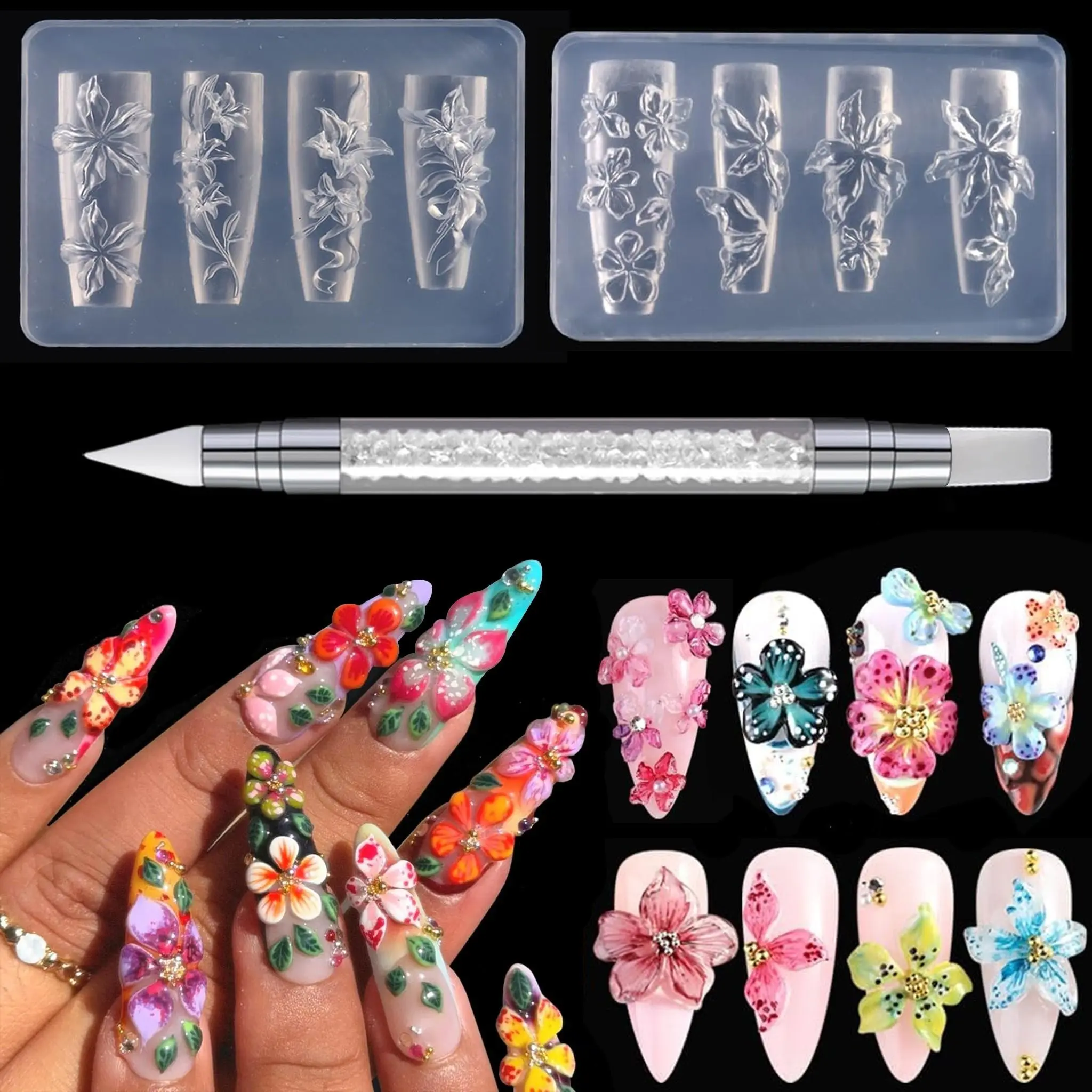 Silicone Nail Art Molds, Nail Art Supply, 3PCS 3D Flowers Nail Charm Molds with Carving Pen Clear Modeling Templates Nail Design Molds for Resin Epoxy Supplies Manicure Decorations Accessories DIY Nails Tool Supplies