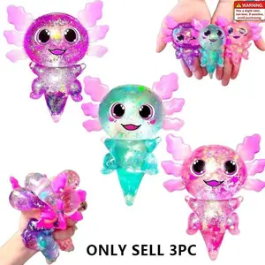 3Pcs Axolotl Squishy Stress Balls, Cute Slow Rising Glitter Sensory Toy, Soft Squishy Sensory, Sugar Filled Squeeze Balls for Kids Adults, Anxiety Relief Therapy Classroom Fidget, Calming Decompression Set
