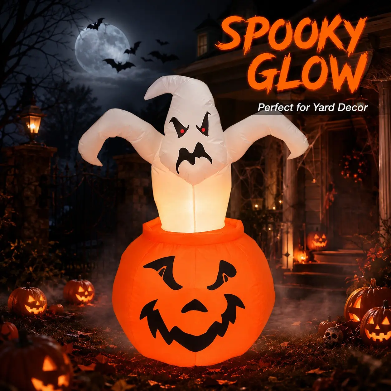 1.8m Inflatable Halloween Ghost Pumpkin Decoration, Glowing LED Lights, Scary Jack-O’-Lantern for Outdoor & Indoor Parties, Festive Spooky Decor, Patio Yard Decoration, Halloween Decorations Outdoor