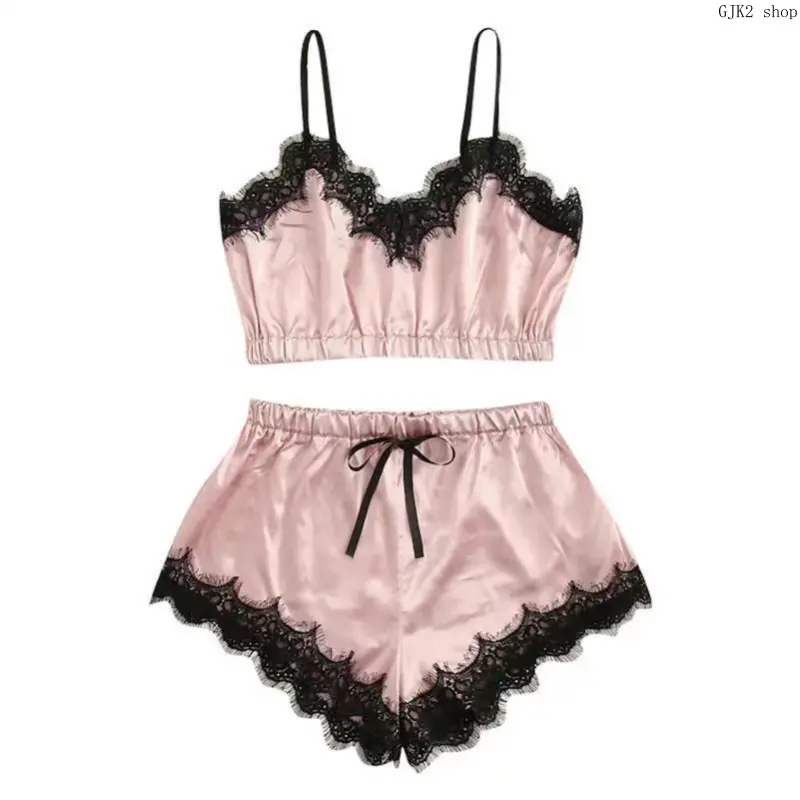 Women Satin Lace Trim Cami Shorts Pajama Set, Spaghetti Strap Crop Top & Drawstring Shorts 2 Piece Sleepwear