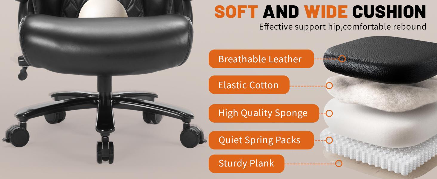 ARCH 800LBS Heavy Duty Office Chair & Massage Footrest Big & Tall Executive Chair with Adjustable Lumbar Support, PU Leather, Extra Wide Seat for Comfort