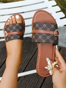 Vintage Floral Patchwork Slippers, Heart Rhinestone Buckle, Lightweight Comfortable Women's Shoes for Beach Vacation, Casual Summer Footwear
