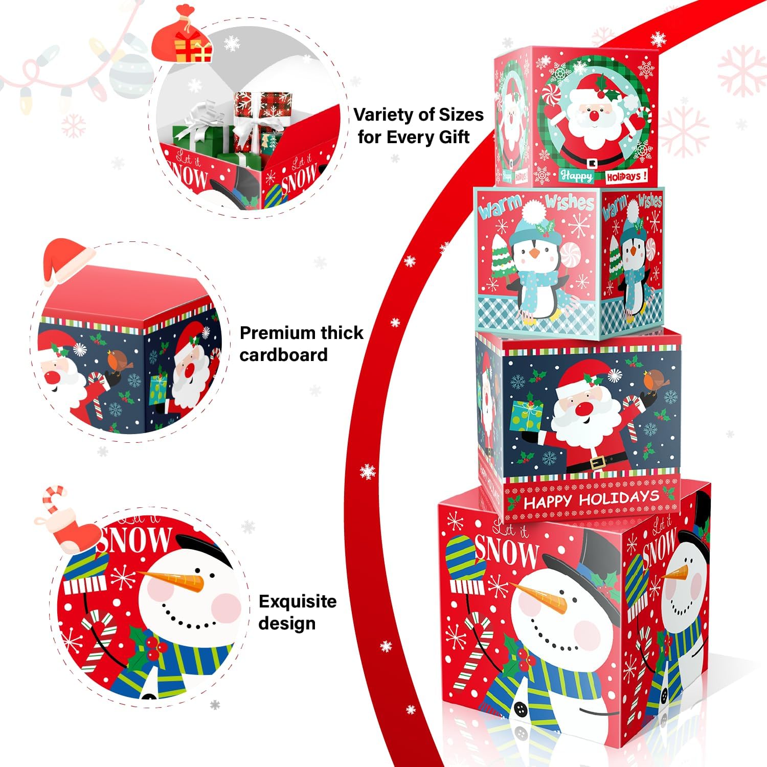 Christmas  Box with Lid - 4-Pack Stackable Square Decorative Box Set Assortment - Red