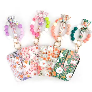 Ladies' Boho Beaded Tassel Keychain Set with Floral Leather Card Wallet, Multi-Card Slot Handmade Craft, Teacher Appreciation & Mother's Day Gift