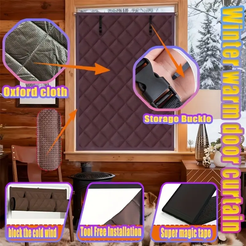 Thick Diamond Quilted Cotton Thermal Door Curtain, Roll Up Storage, Wind Cold Insulation, Soundproof, Reusable, Winter Warmth Preservation
