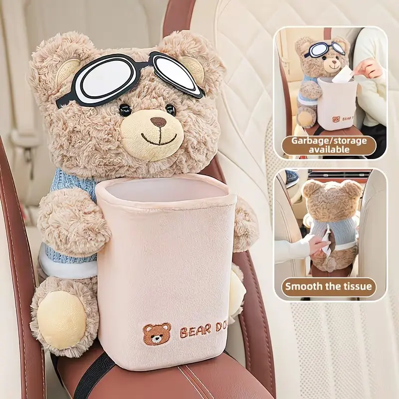 Cute Bear Car Paper Towel Holder and Trash Can Combo, Creative Car Storage Rack, Armrest Organizer, Christmas and Halloween Gift