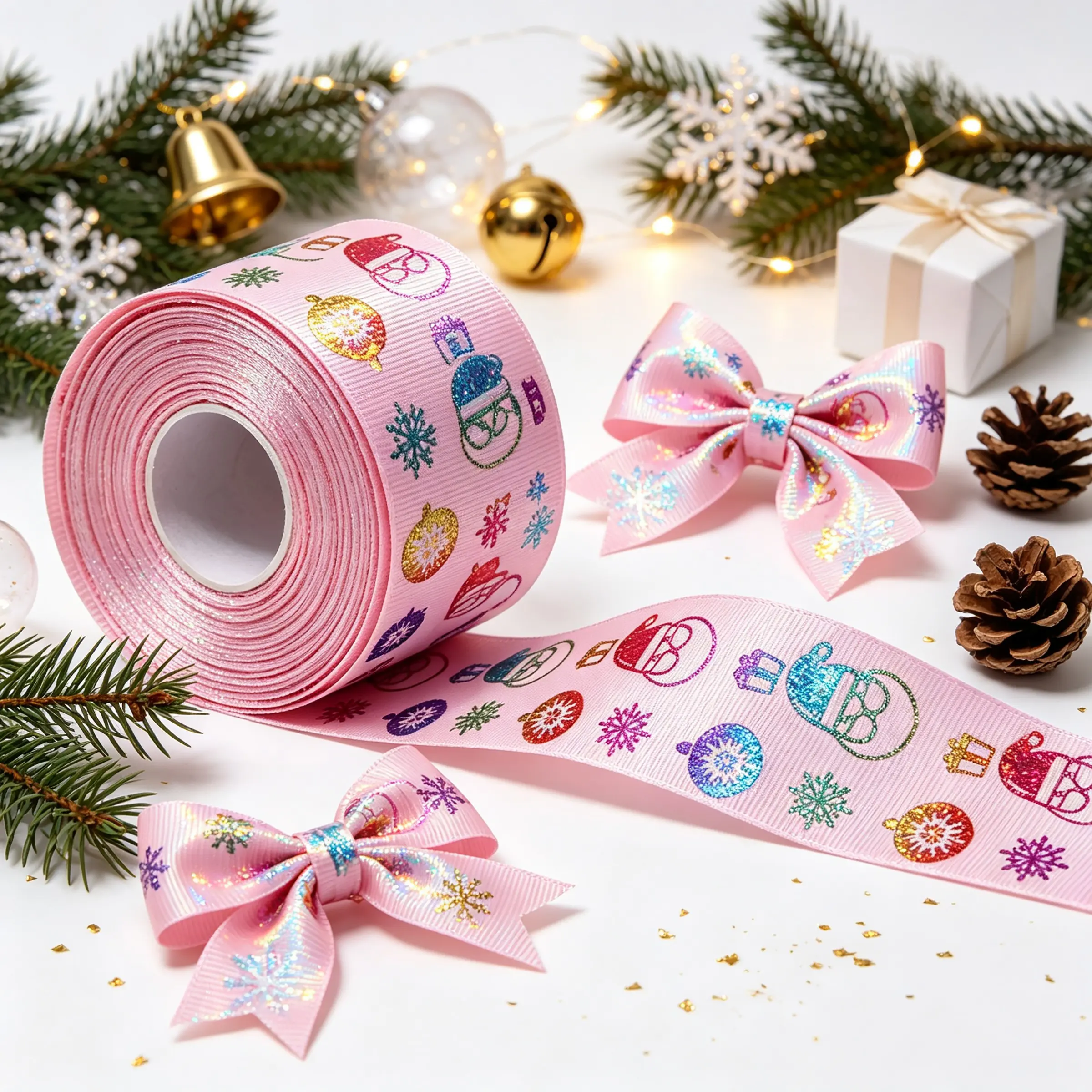 Multicolor Laser Christmas Text Ribbon Set, Satin Bows for Gift Wrapping, Gift Bows for Presents, DIY Holiday Decorations, Floral Arrangements, Cake Toppers