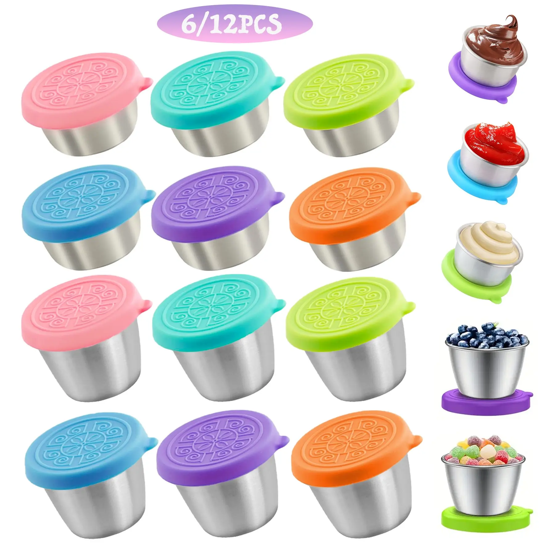 Mini Salad Dressing Containers with Lids, 50/70ML, Stainless Steel Sauce Cups, Leak-Proof Silicone Lids, Lunch Bag Accessories