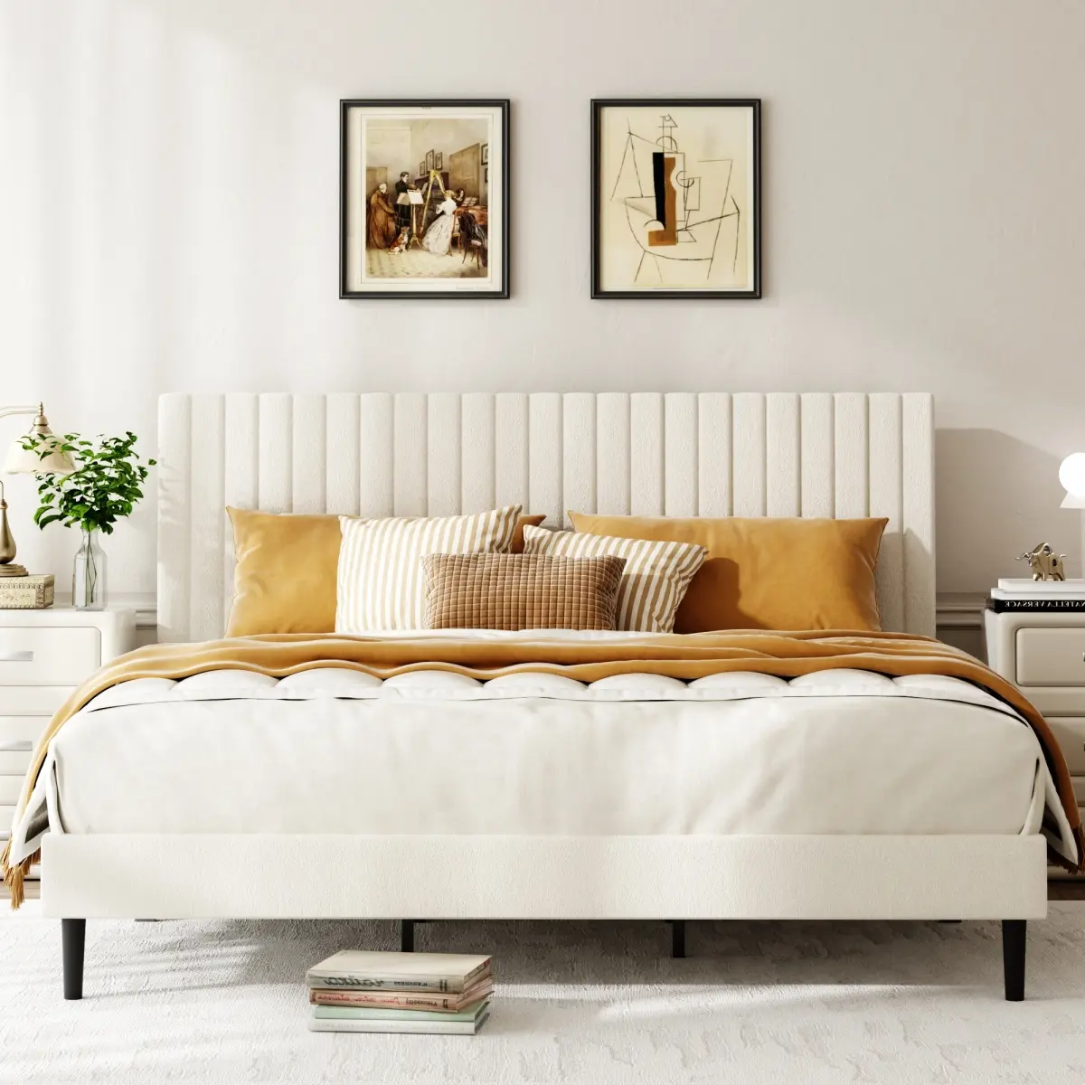King Size Bed frame, Velvet Upholstered Platform Bed with Height-Adjustable Headboard, Sturdy Frame and Alats, Quiet Design, No-Spring Needed, Easy to Assemble, Beige
