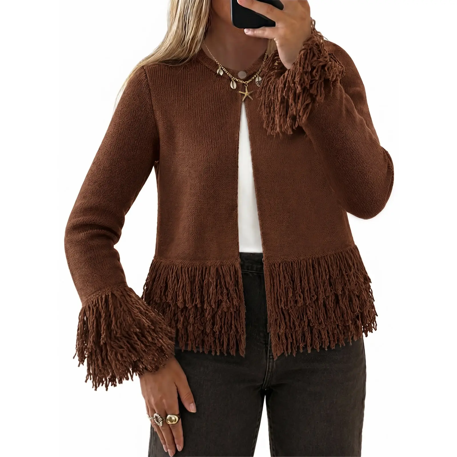 YOUSIFY Women's Boho Fringe Knit Cardigan Top - Casual Medium Length Loose-Fit Long Sleeve Round Neck Button Front Crochet Knitwear, Machine Washable, Crew Neck, Fringe Detail