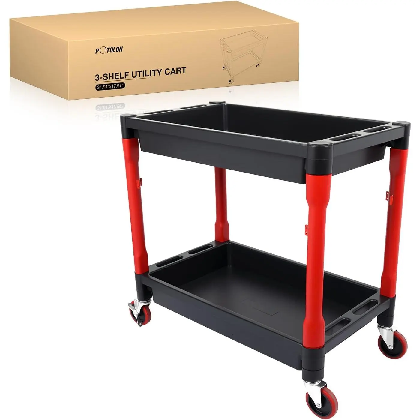 POTOLON Industrial 2-Tier Rolling Utility Cart with 4-in Swivel Wheels, Heavy-Duty Plastic Organiser Cart for Garage, Workshop