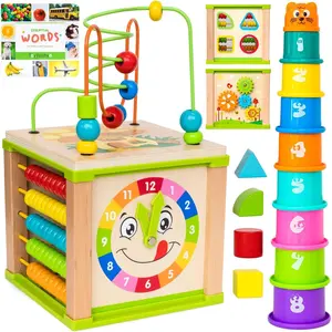 Wooden Activity Cube for 1 Year Old - 1 Year Old Boy Gifts - 1 Year Old Boy Toys - Educational Toys for 1 Year Old - Busy Cube with Bead Maze - Baby Stacking Cups & Board Book - Blue Gift Box