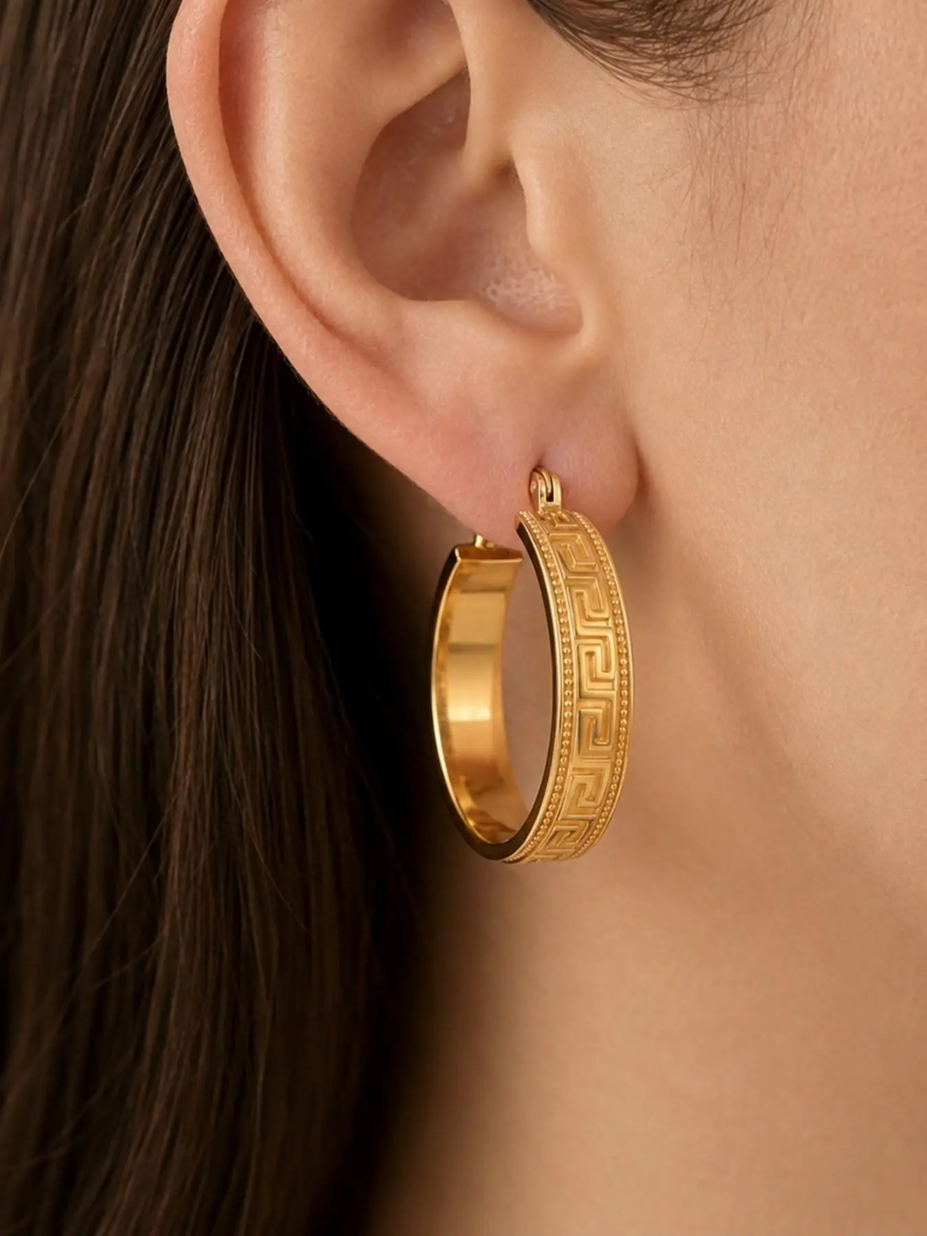 Gift Box Included | Gold-Tone Greek Key Hoop Earrings for Women, Wide Geometric Statement Hoops, Wedding Guest, Bridesmaid Gift, Back to School