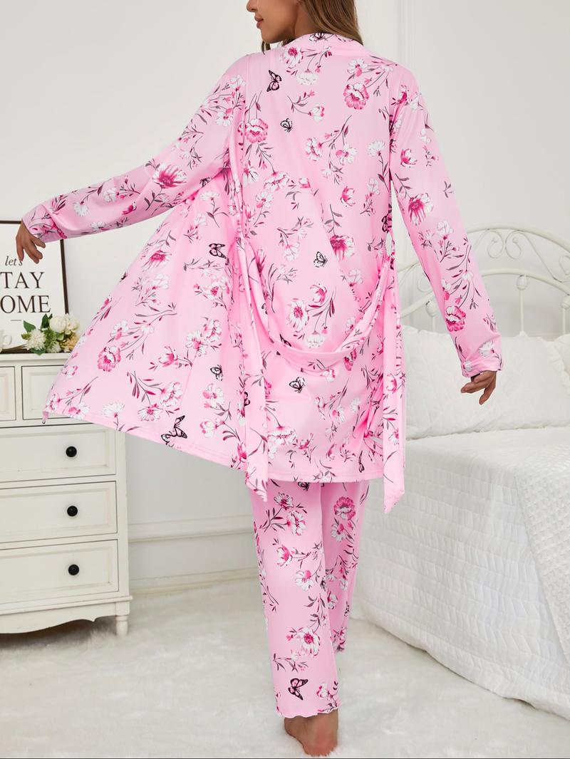 Three-Piece Set Women's Floral Butterfly Print Lettuce Trim Belted Lounge Robe & Cami Top & Pants Pyjama Set, Casual Comfy Three-piece Sleepwear Set for Women, Ladies Sleepwear for All Seasons, Pajama Set