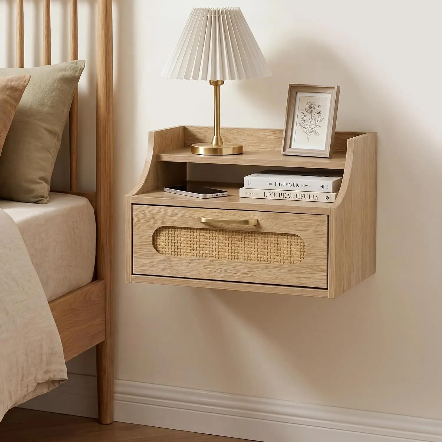 Floating Nightstand with Drawer Oak Rattan Bedside Table Wall Mounted