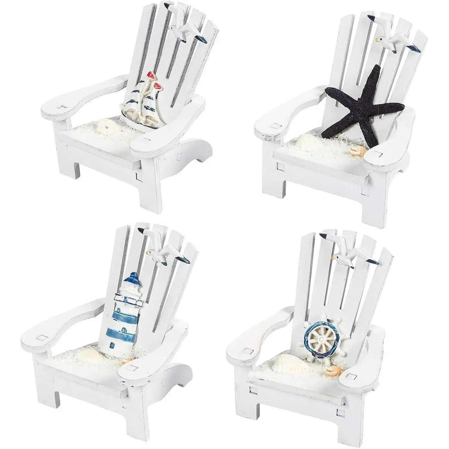 Set of 4 Mini Beach Chairs - Nautical Bathroom Accent & Beach Decor - Centerpiece for Coastal Decor - Dollhouse Accents & Ocean Wall Art - 3.75 x 3.75 x 4 in, Multicolor, Wood