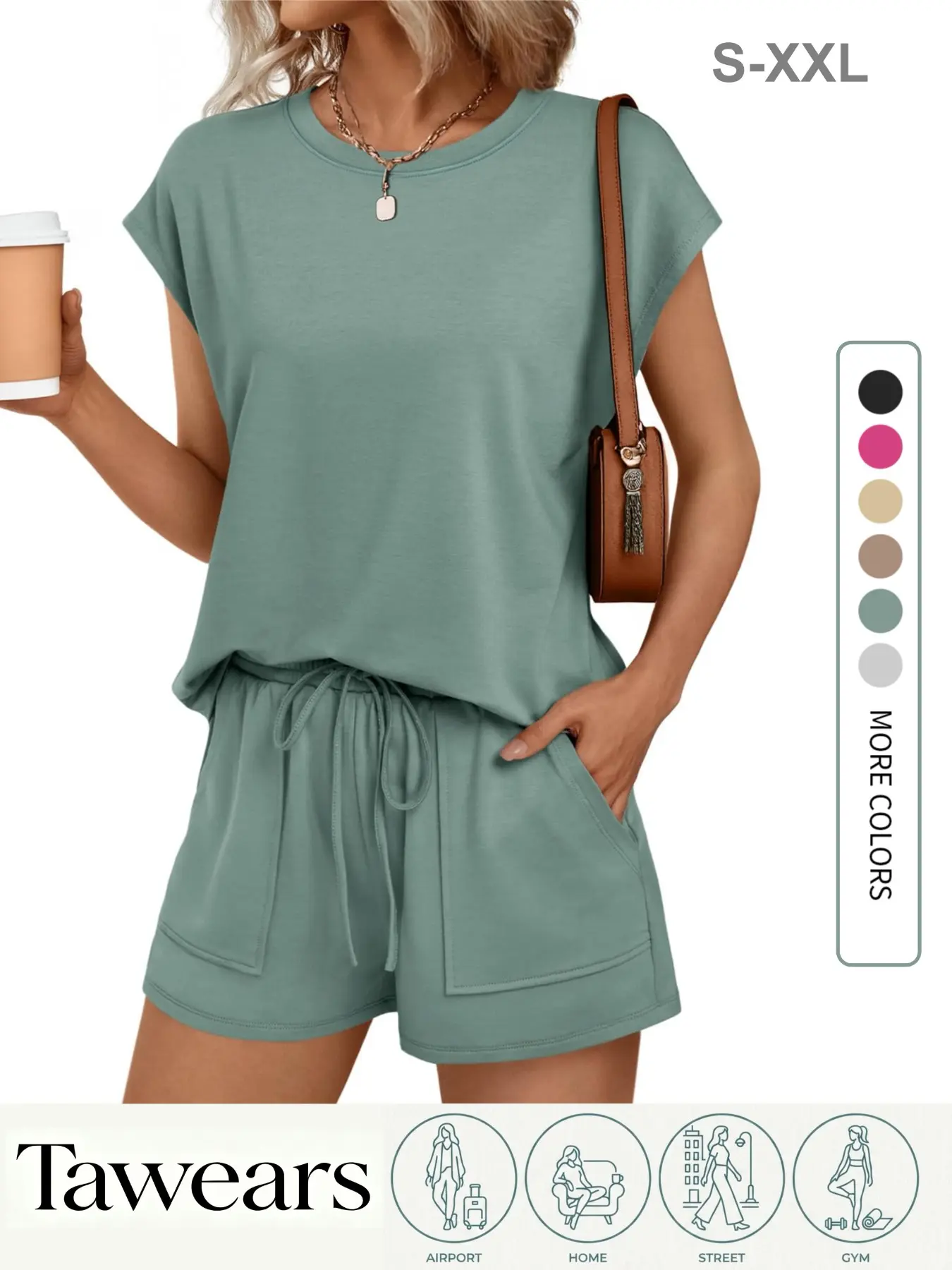 Women's Solid Curved Hem Tee & Adjustable Drawstring Waist Shorts Set, Casual Cap Sleeve T-Shirt & Pocket Shorts, Summer Loungewear Clothes