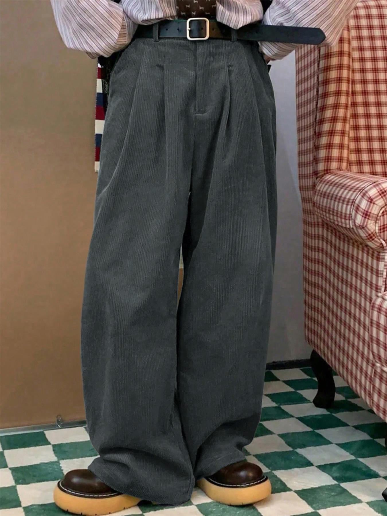 Men's Solid Color Corduroy Pants Loose Fit Straight Leg Side Pocket Casual Slant Pocket Basic Bottoms Retro Classical Ribbed Elastic Waist Micro Pleated Dress Pants Soft Easily Match Fall Winter Daily Lounge Pants Clubwear Party Outdoor Work as A Gift