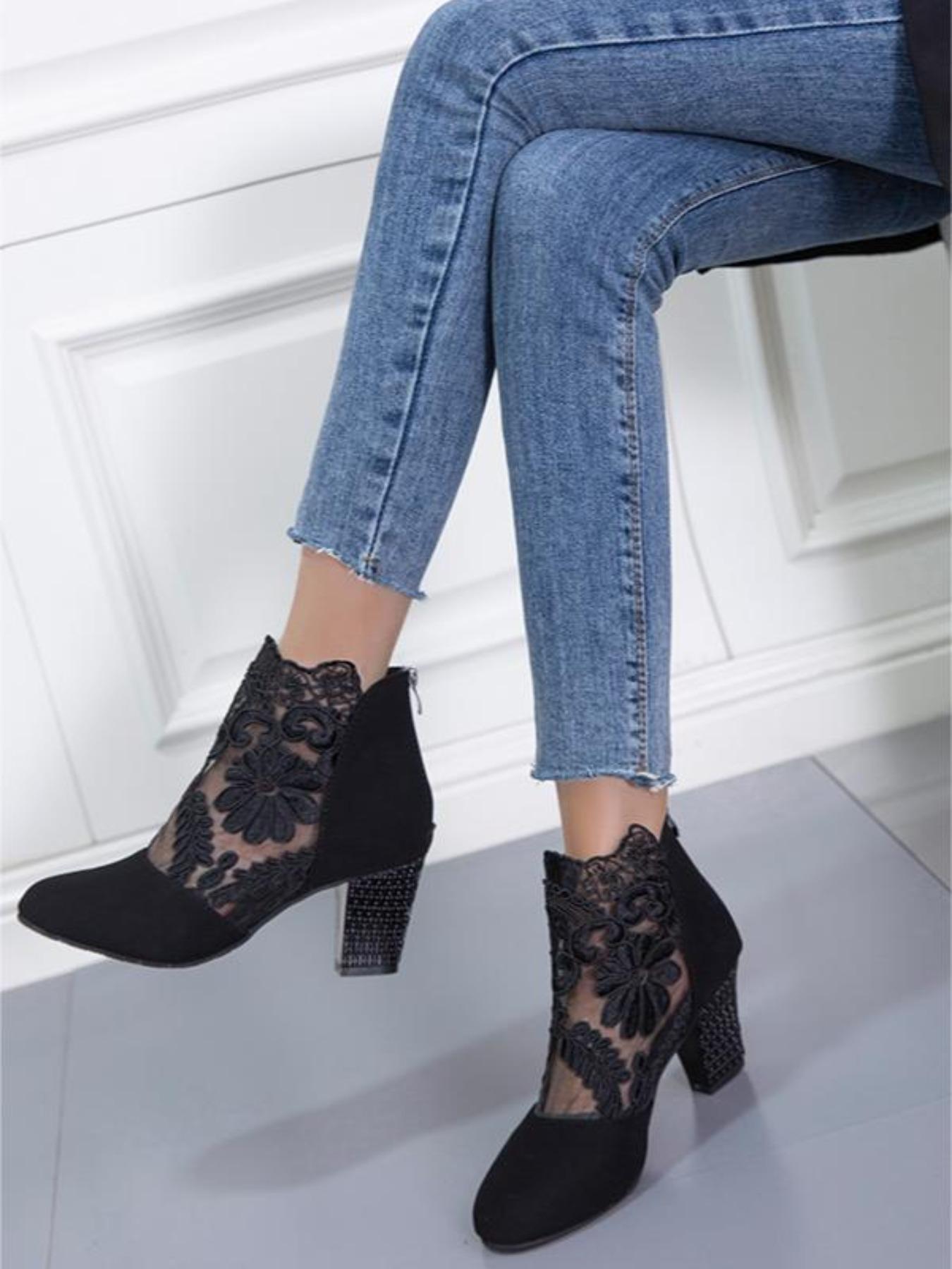 YYW1 Women's Fashion Flower Embroidered Design Contrast Lace Ankle Boots, 1 Pair Elegant Pointy Toe Heeled Boots Daily Wear, All-match Boots Women & Girls, heels, Pointy Toe Boots, Embroidery Ankle Boot