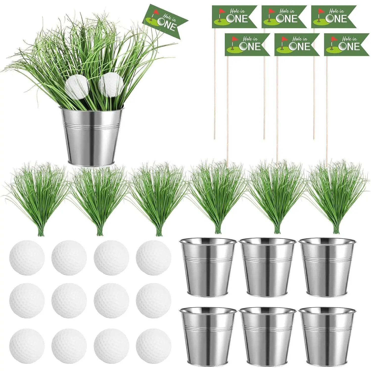 114 Pcs Golf Party Table Decorations Kit Golf Party Favors Includes 6 Iron Bucket 12 Golf-Balls 90 Artificial Grass 6 Flags Centerpiece for Birthday Sport Themed Desk Supplies Retirement Decor