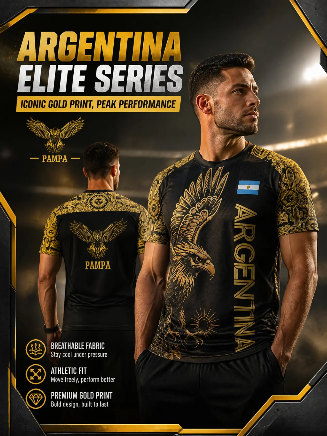Argentina Golden Eagle Soccer Jersey, Quick-Dry Short Sleeve Training T-Shirt, Slim Fit, All Seasons, Sporty Style