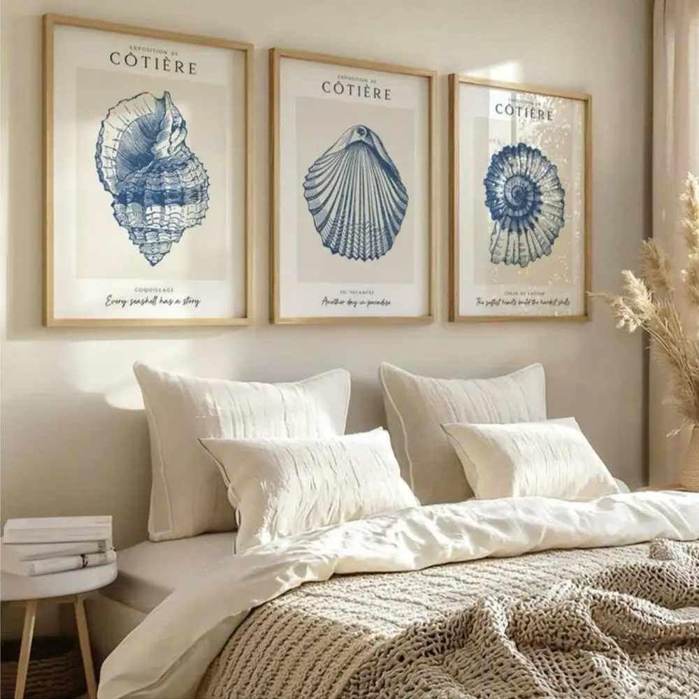 3 Pieces Vintage Design Blue Ocean Theme Seashell Art, Unique Artwork, Canvas Wall Mural, Marine Home Art, Nautical Gallery Decor, Blue Tone Painting, Wall Decor for Living Room, Bathroom, Framed or Unframed, Decoration, Decoration Items