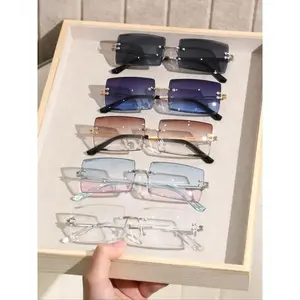 5pcs Unisex Rimless Rectangular Sunglasses Gradient Lens UV400 Protection Daily Streetwear Y2K Aesthetic 90s Nostalgia Face Slimming Minimalist Shades With Free Random Eyeglass Cloth