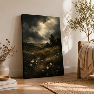 Moody Stormy Landscape Vertical Canvas Wall Art, Vintage Dark Academia Nature Painting Poster, Neutral Living Room Home Decor, Available as Unframed Canvas Poster or Framed Canvas Wrap