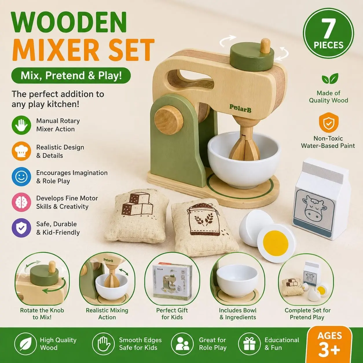 Immersive Kids Chef Manual Mixer, Realistic Skill Learning Toy, High-Value Wooden Blender, Rich Accessories for Baking Dreams
