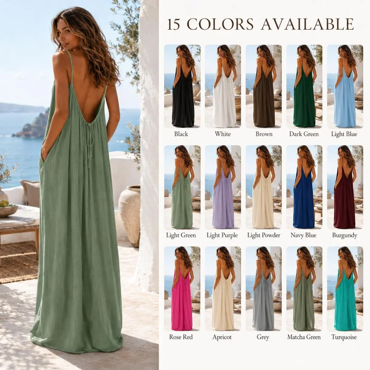 Women's Cami Maxi Dress, Casual Solid Polyester Sundress with Pockets, Flowy Open Back Tie for Summer Lounge Wear, Lady, Casual Wear, Womens Dresses, Fabric, Basic, Long Length, Polyester Blend, Sleeveless, Maxi Dress For Women