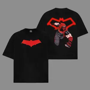 Retro Red Hood Flat Solid Red Bat Symbol Front Chest Print & Neon Red Bat Outline Masked Combat Hero Back Graphic Dual-Sided Basic Black Cotton Streetwear Top, Unisex Oversized Heavyweight Cotton Tee, Ideal Gift for Red Hood Batman Family Fans