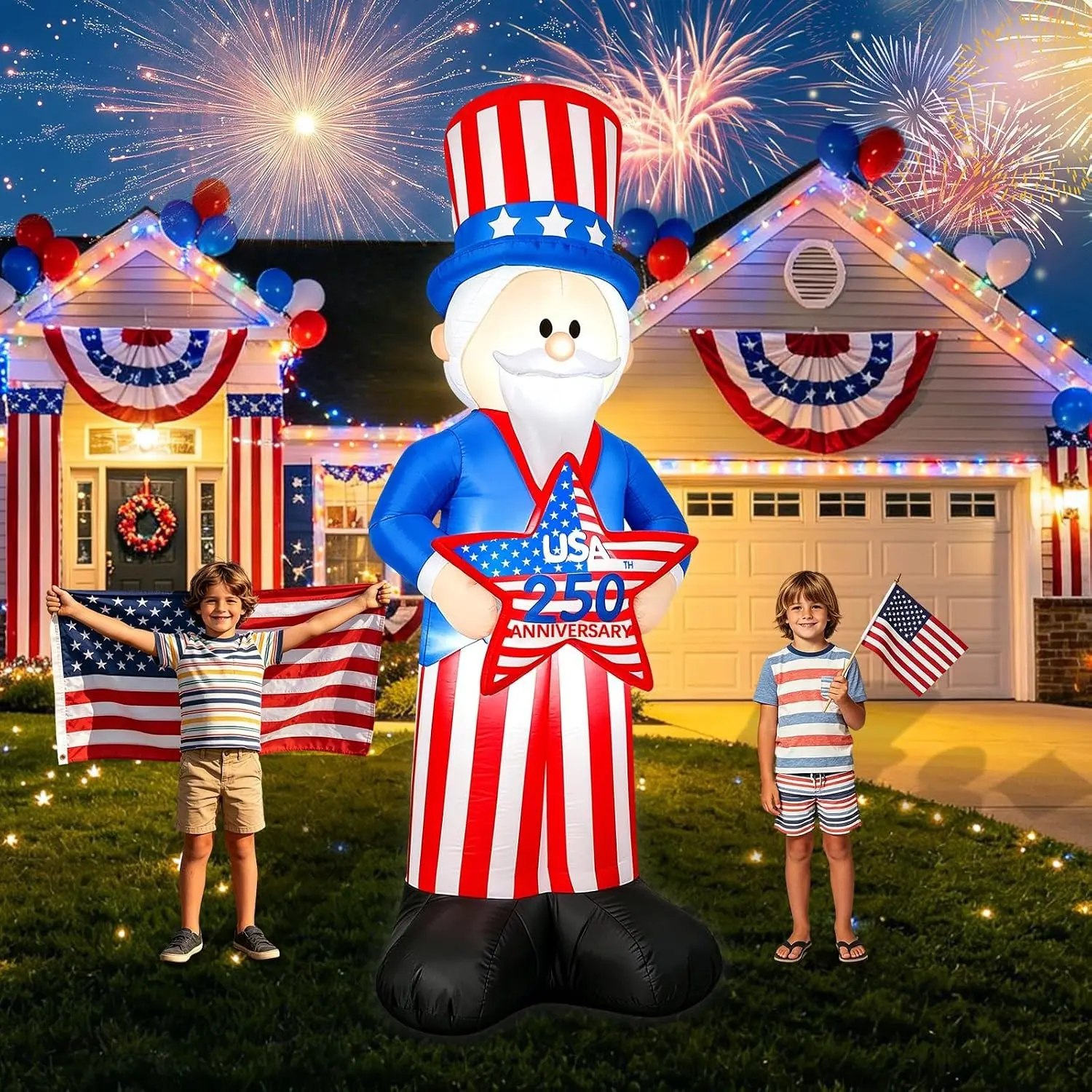 6FT 4th of July Inflatables Outdoor Decorations Uncle Sam Blow Up with USA 250th Anniversary Star LED Lighted Waterproof for Independence Day Yard Lawn Garden Decor