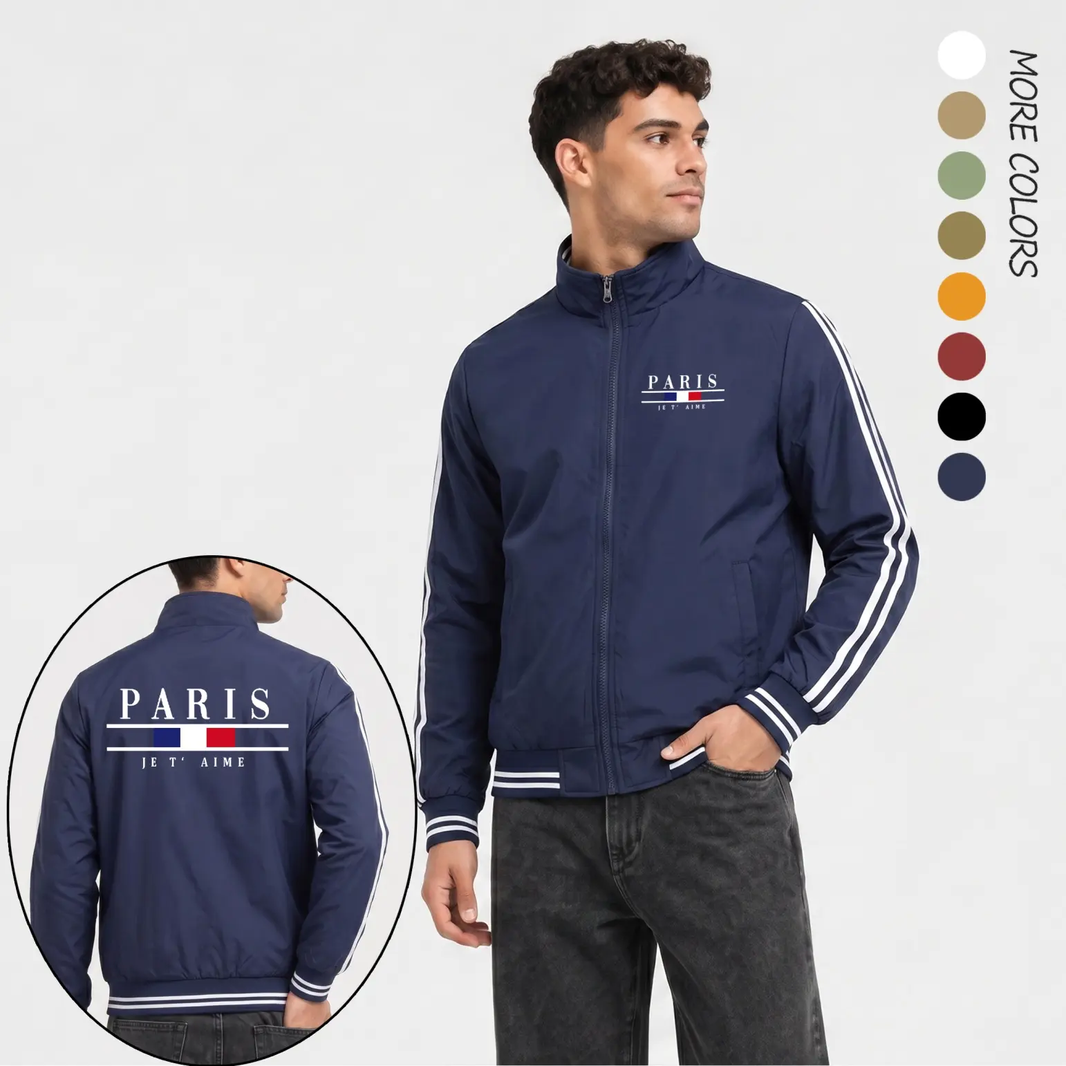 Men’s Classic Paris-Inspired Lightweight Zip-Up Track Jacket - Collared Neck Stand Collar Flying Bomber, Front Chest & Back Letter Graphic, Street Casual Long Sleeve Spring Fall Outerwear