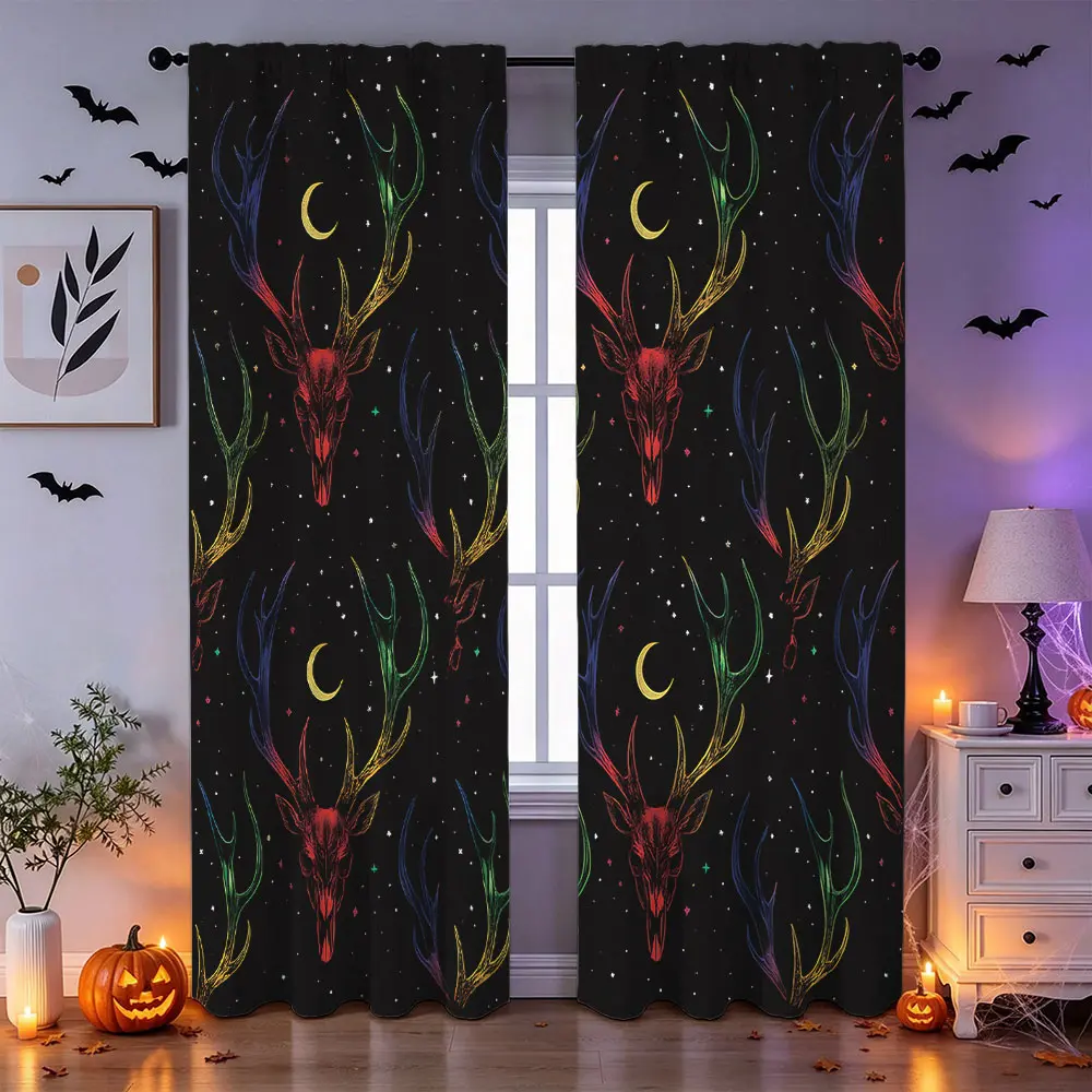 Gothic Halloween Black Background Antler Skull Vintage Damask Blackout Curtains 2 Panels, Rod Pocket Thermal Insulated Window Drapes for Living Room Bedroom