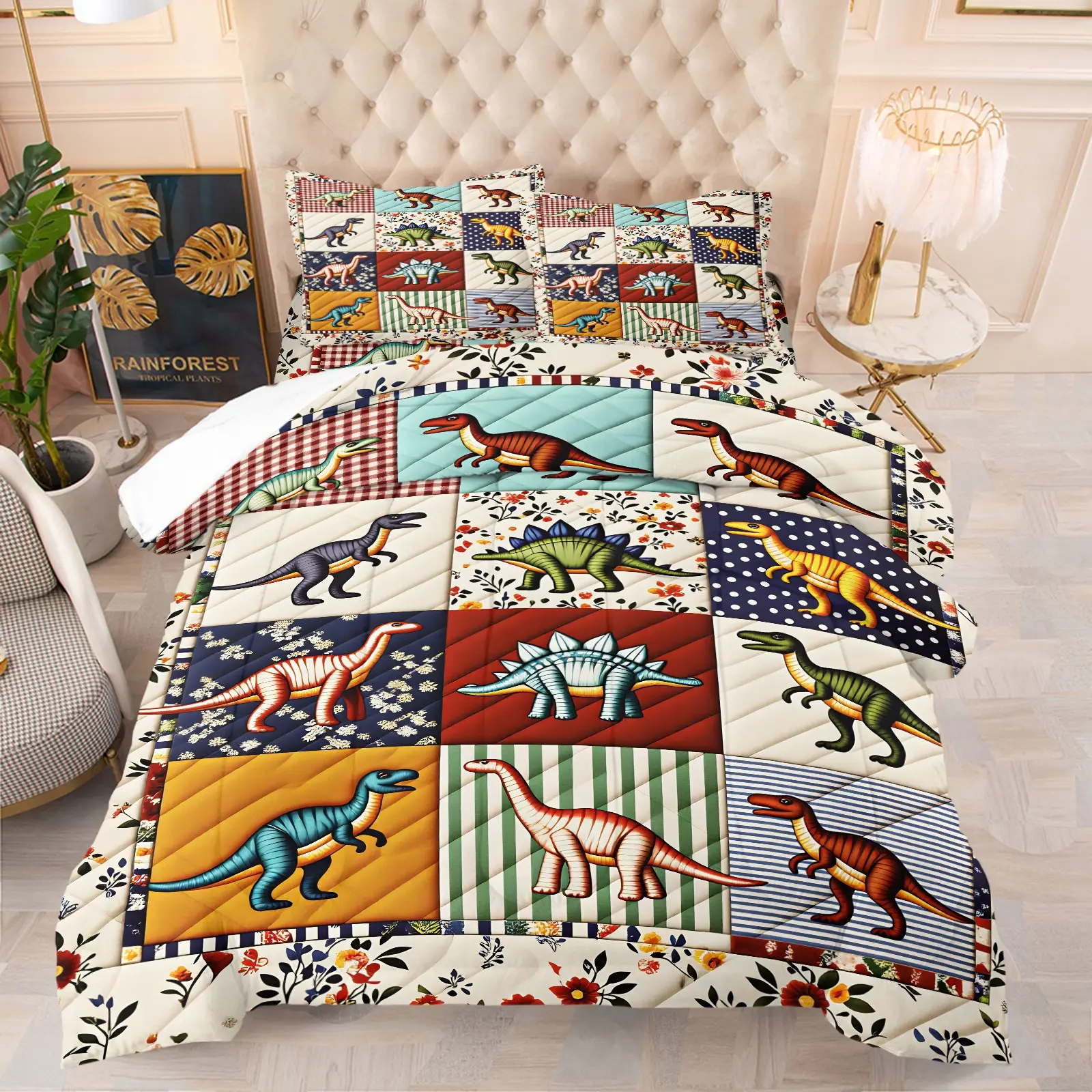 Color Patchwork Floral Striped Cartoon Dinosaur Comforter Set, 1 Comforter + 1-2 Pillowcases, Durable Soft Comfy Washable Bed Set, High Definition Digital Print, Cute Prehistoric Dino Kids Style, Toddler Boys Bedroom Bedding