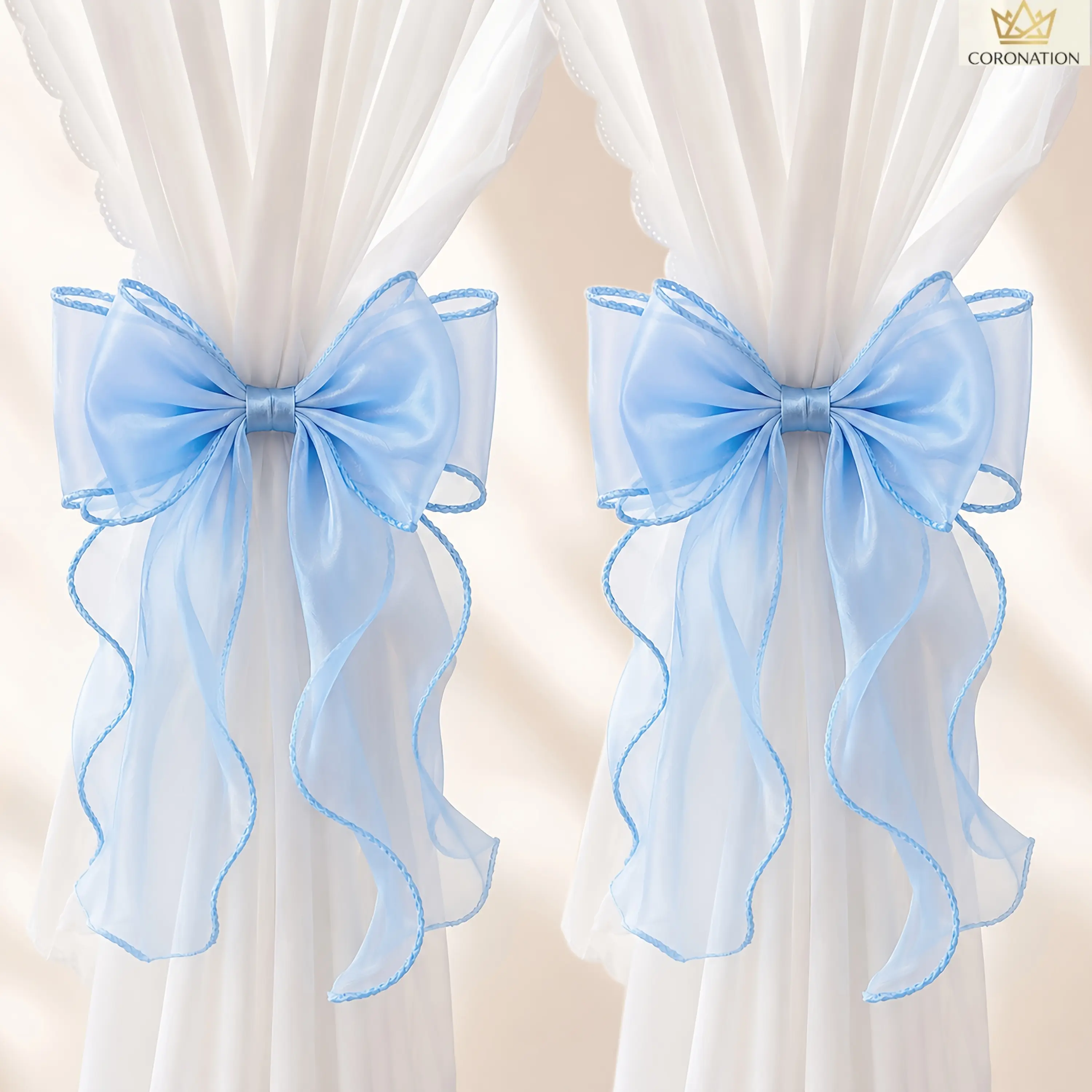 2 Pack French Style Bow Curtain Tiebacks, Elegant Tulle Ribbon Curtain Holdbacks with Soft Lace Design, No Drill Window Curtain Accessories, Adjustable Decorative Tie Backs for Sheer Curtains, Bedroom Living Room Romantic Home Decor