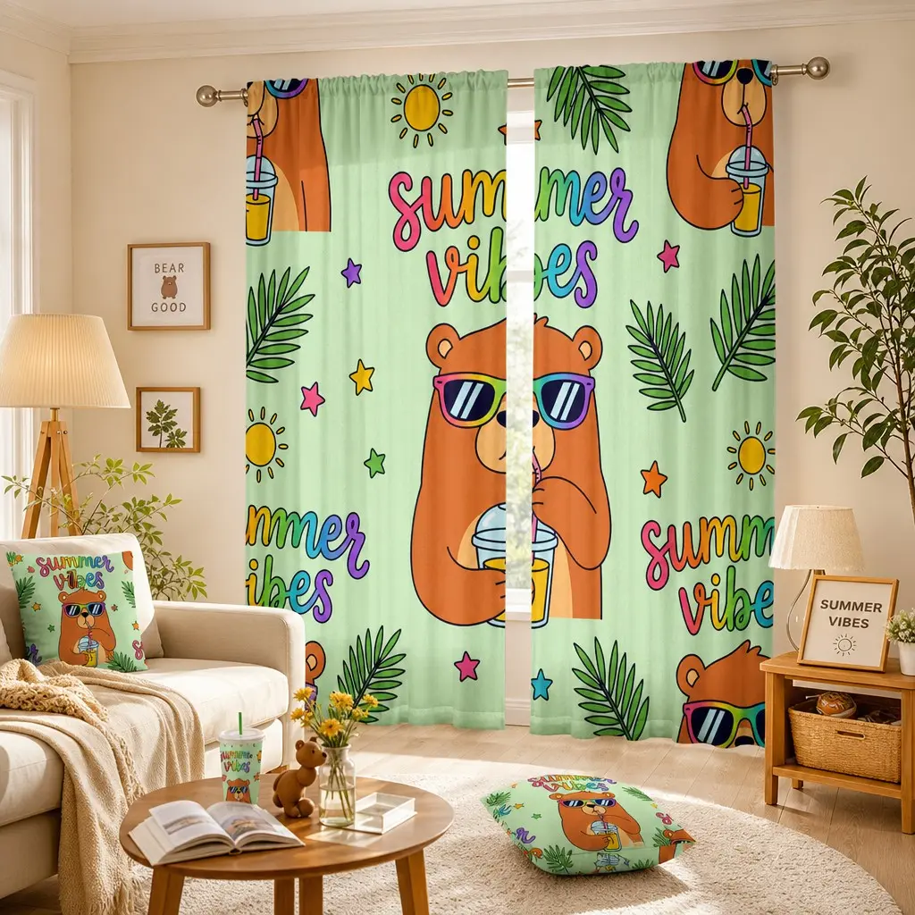2-Pack Light Bear Curtains, Tropical Summer Cartoon Design, Fabric Drapes for Living Room & Kids Room, Fresh Summer Vibes