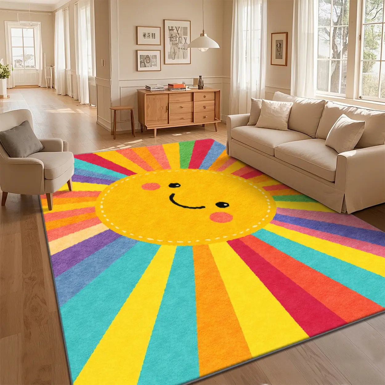 Boho Farmhouse Runner Rug - Multi-Size Polyester Rainbow Radiant Sun Line Art, Customised, Durable, Fade-Resistant, Washable, Non-Slip for Family Boho Farmhouse Family Space, Local Delivery