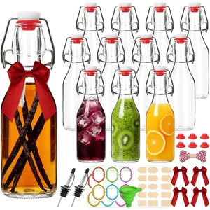 12 Pack 8oz Swing Top Glass Bottles Flip Top Bottles with Stoppers for Vanilla Extract Kombucha Kefir Home Brewing Fermentation & Gifting, Includes 6 Extra Seals & 2 Pourers