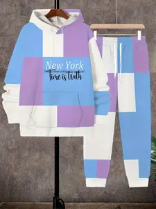 Fresh Macaron Color Block Plaid Letter Plus Size Sweatshirt and Sweatpants Set, Casual Asymmetrical Long Sleeve Fall Winter